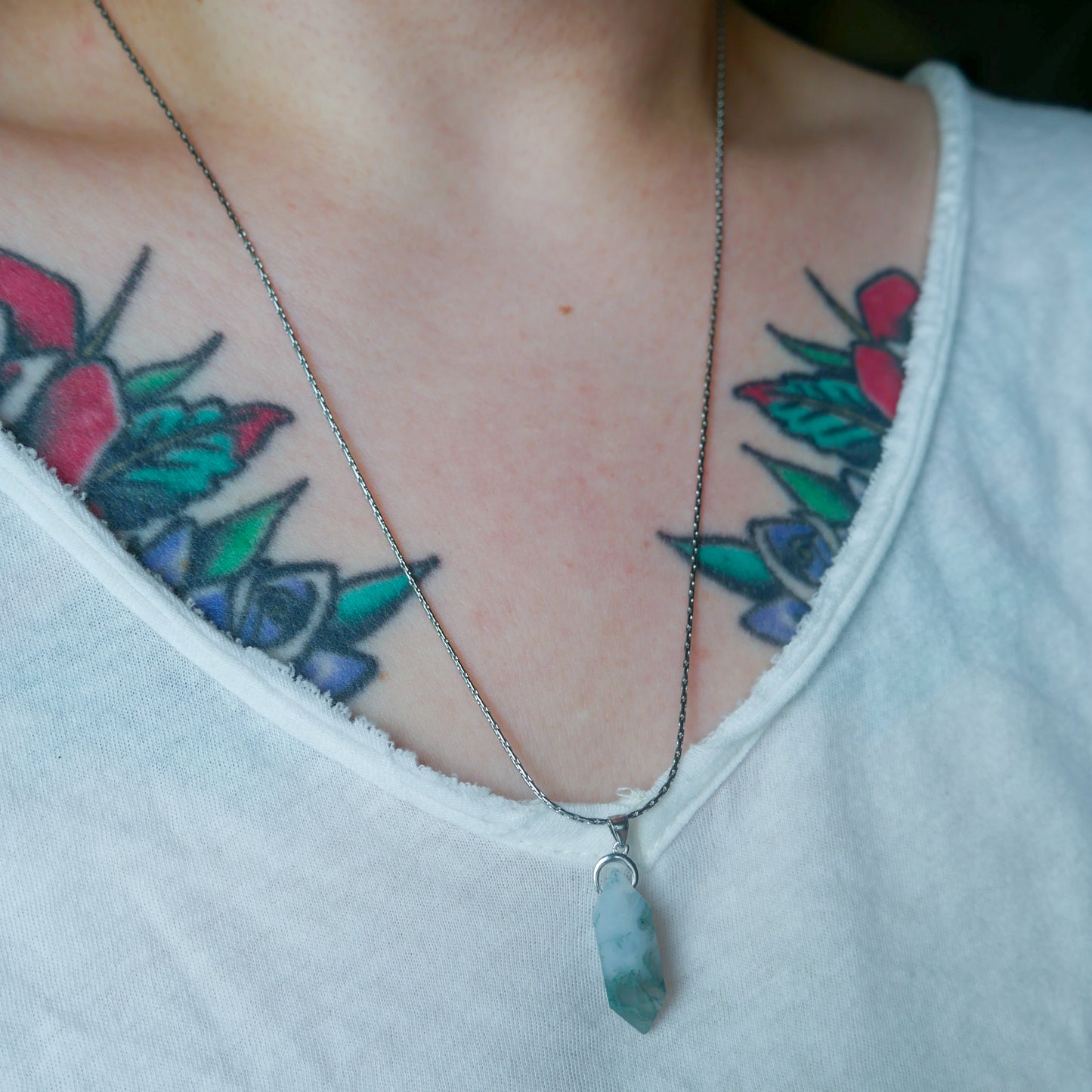 Double Point Moss Agate Necklace