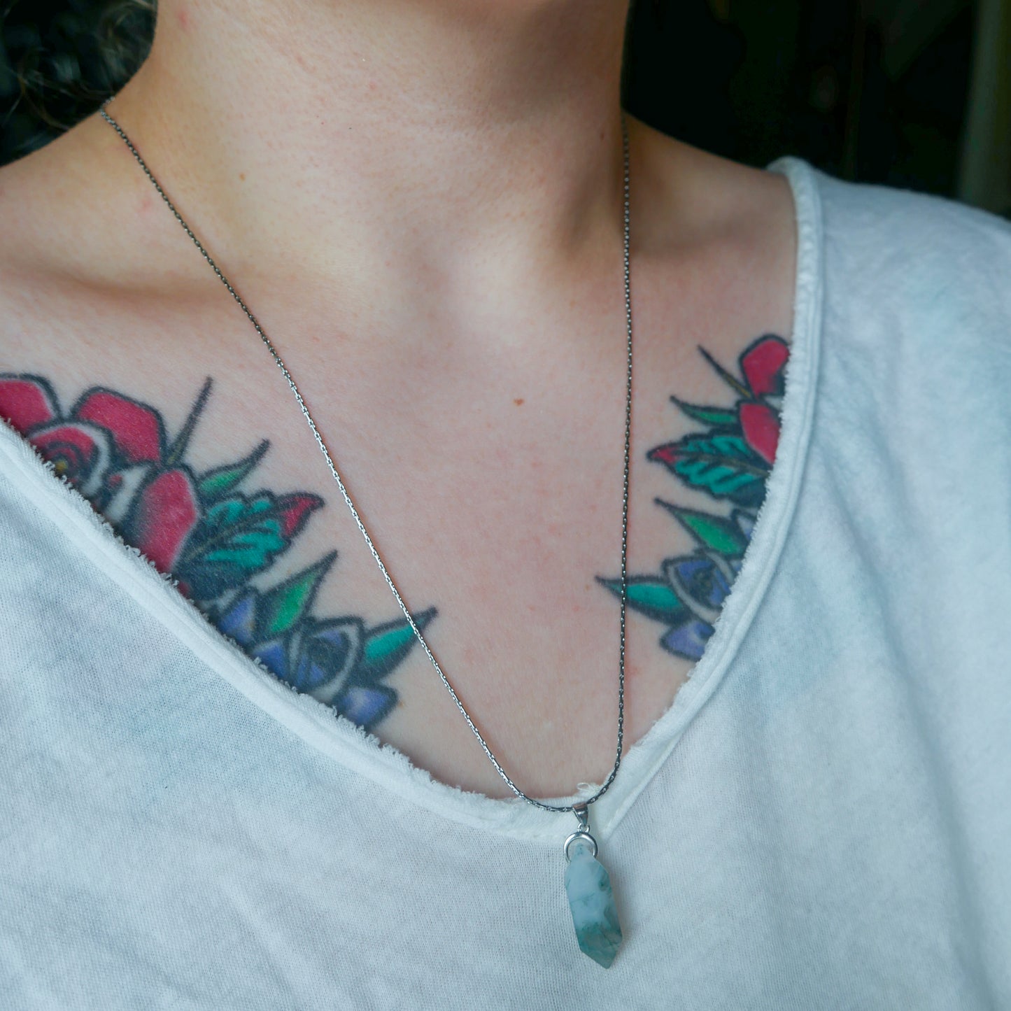 Double Point Moss Agate Necklace