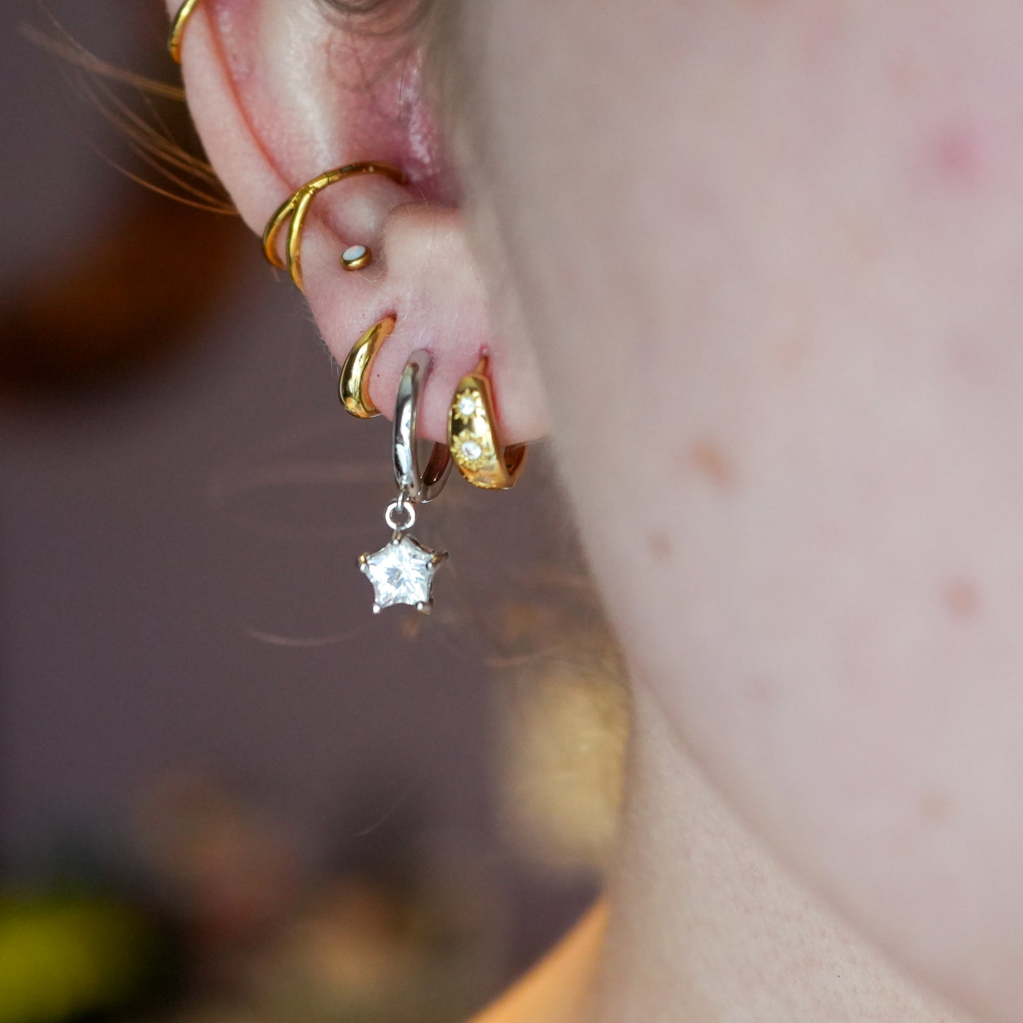 Clear Quartz Star Huggy Hoops