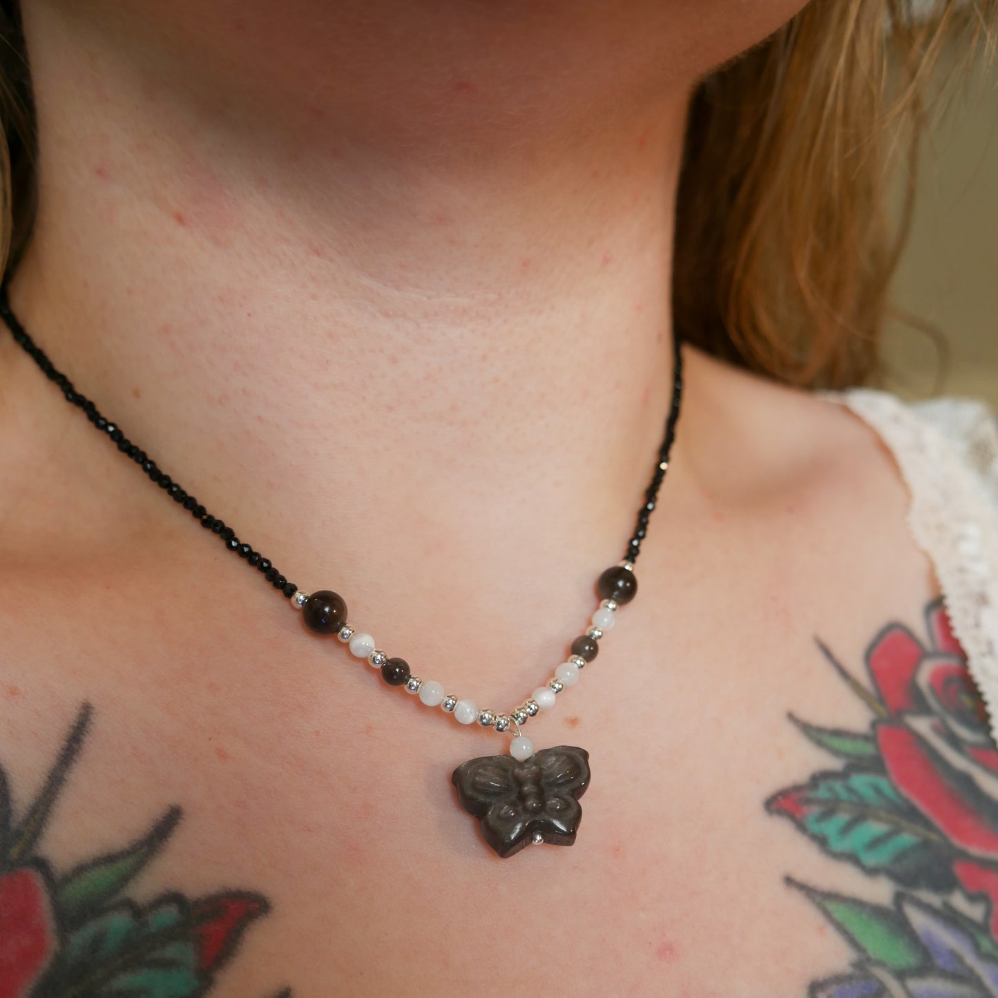 Butterfly Silver Obsidian Necklace