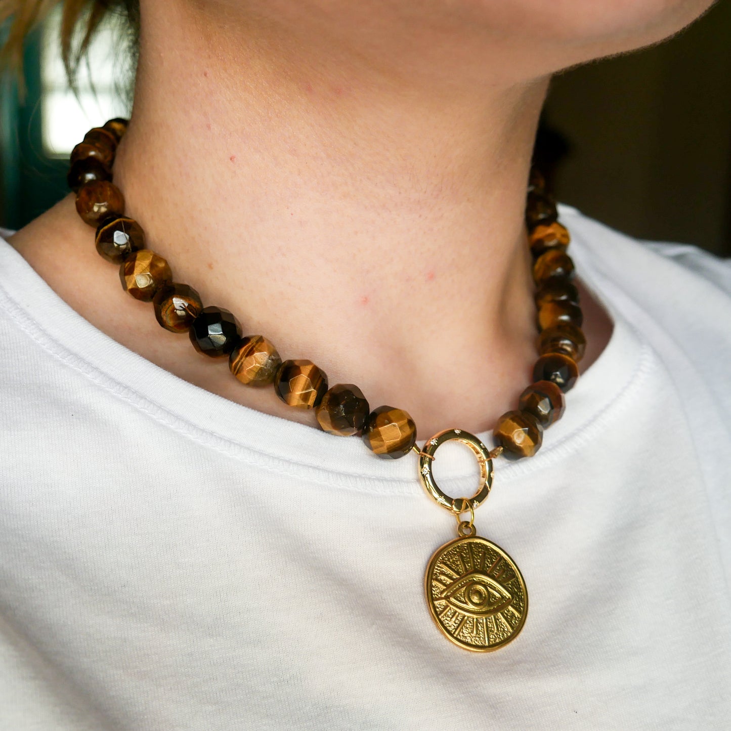 Evil Eye Chunky Tiger's Eye Choker Necklace